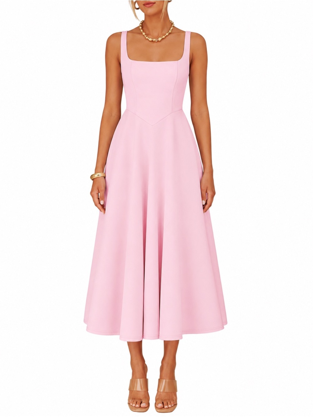 Elegant Pink Square-Neck Midi Dress